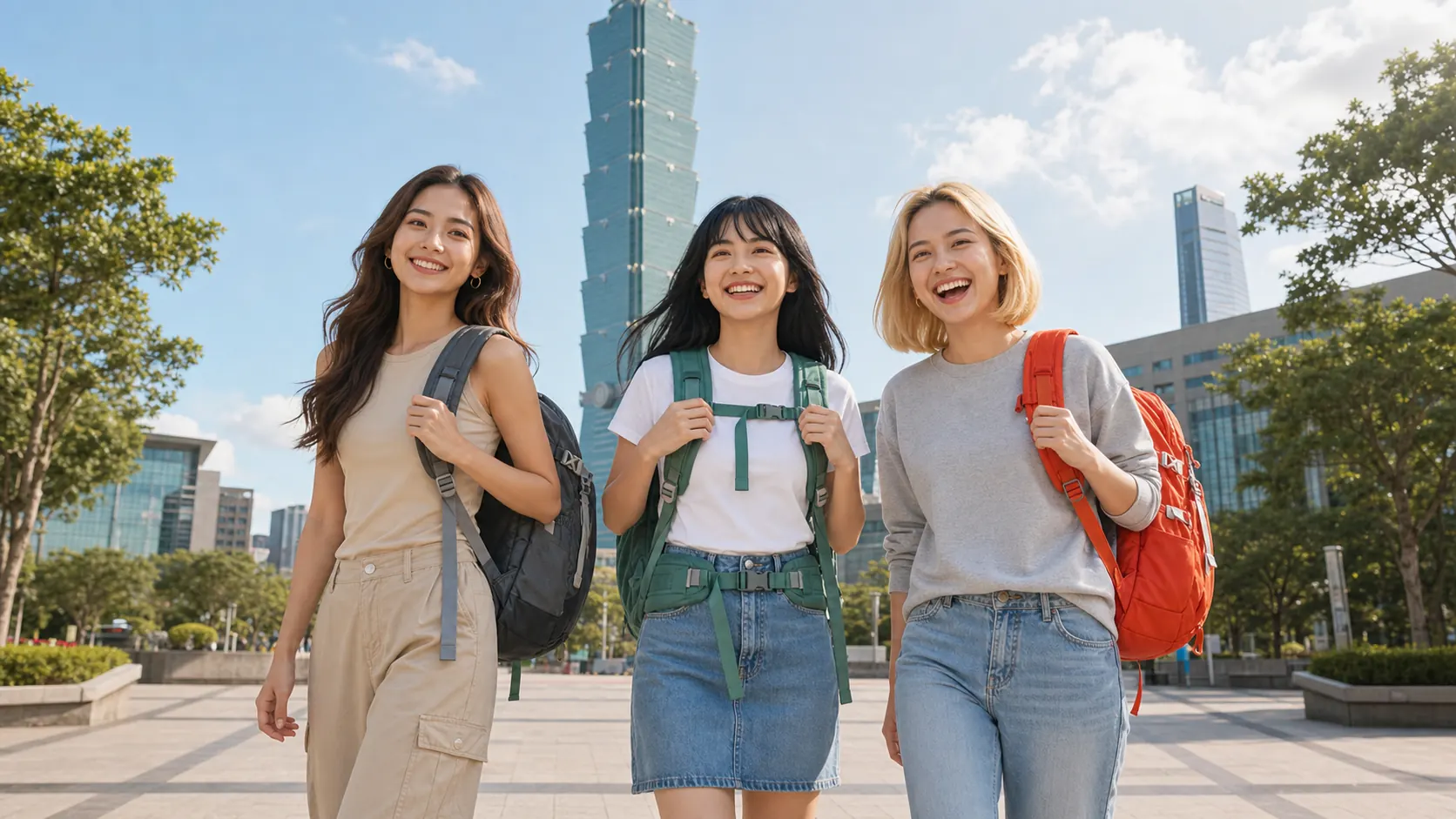 Ailisha、J、Dorami 在台北 101 前準備出發的團體旅行封面
